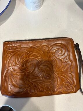 Patricia Nash Embossed Leather Wristlet Clutch in Cognac Brown